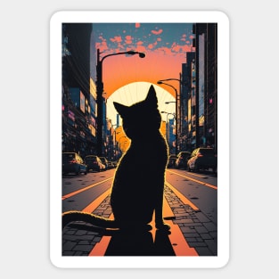 Black Kitty In The City At Sunset Sticker